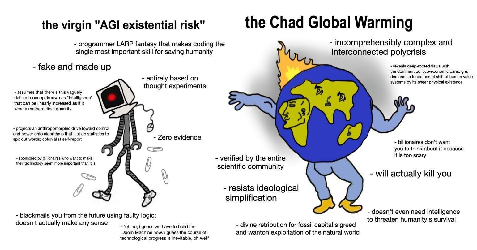 A humorous meme contrasts the virgin 'AGI existential risk' with the 'Chad Global Warming', using exaggerated cartoon characters and text to highlight differences in perceived threats.