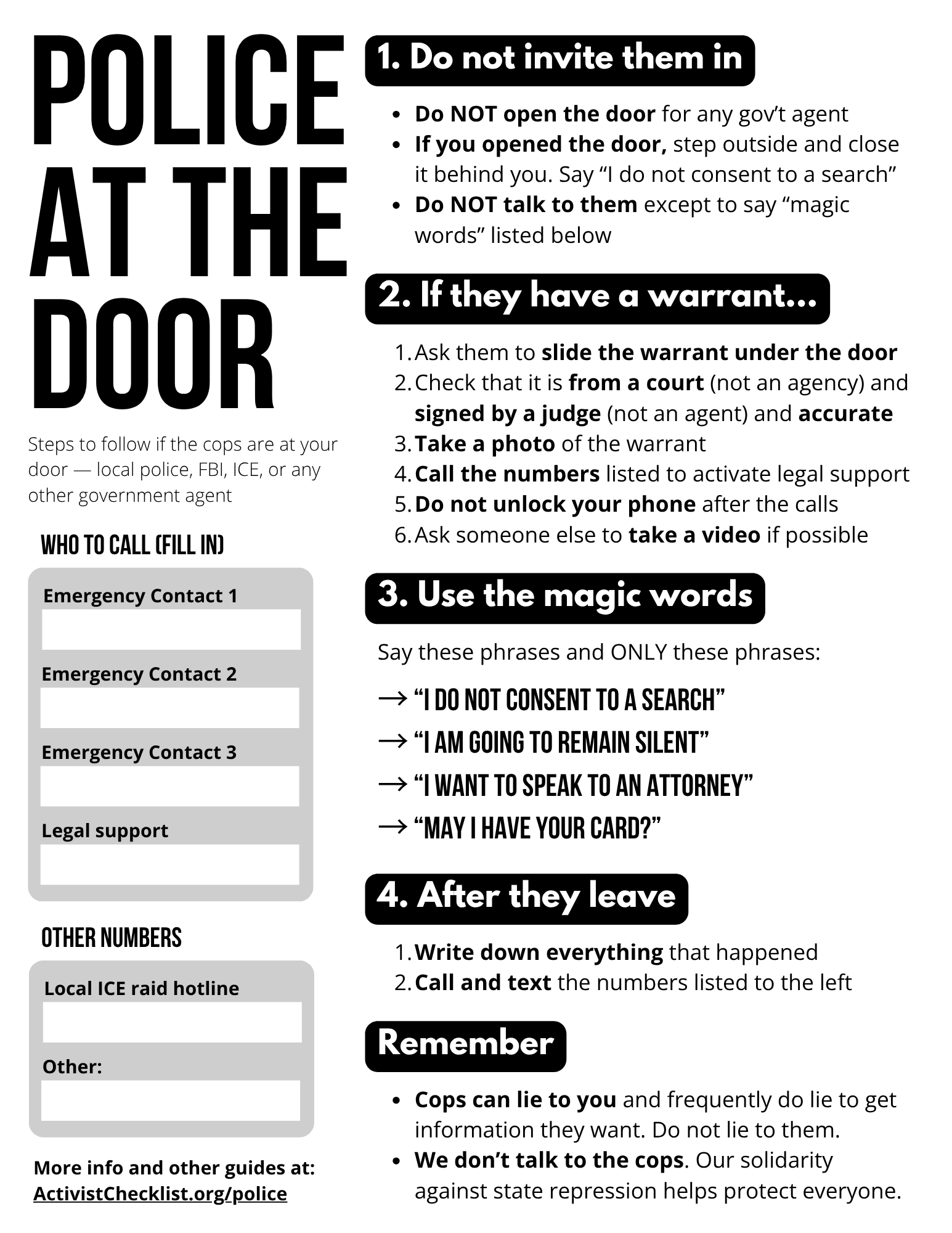 This is an image of the Activist Checklist resource that provides detailed steps and tips for handling encounters with law enforcement at your door, emphasizing your rights and actions to take.