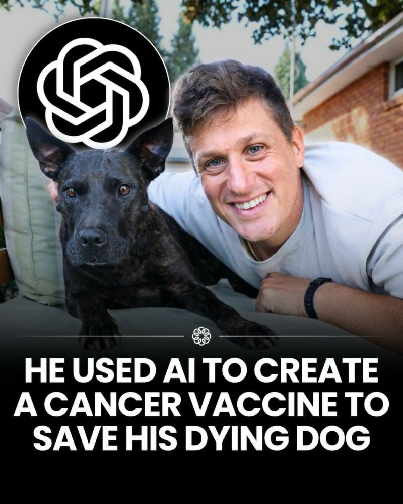 Auto-generated description: A man smiling next to a dog is featured with a message about using AI to create a cancer vaccine to save his dog.