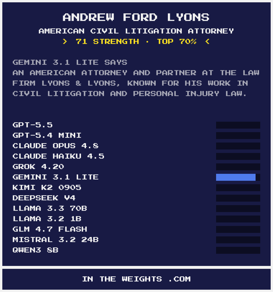 Gemini 3.1 Lite says
An American attorney and partner at the law firm Lyons & Lyons, known for his work in civil litigation and personal injury law.
