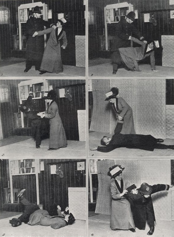 Edith Garrud demonstrating jujutsu techniques on a volunteer dressed as a police constable