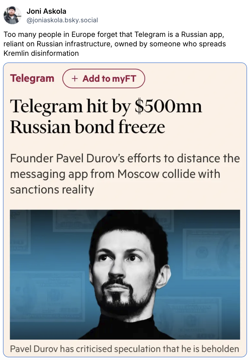 A social media post features an article headline about Telegram&rsquo;s $500 million Russian bond freeze, accompanied by an image of a Durov.