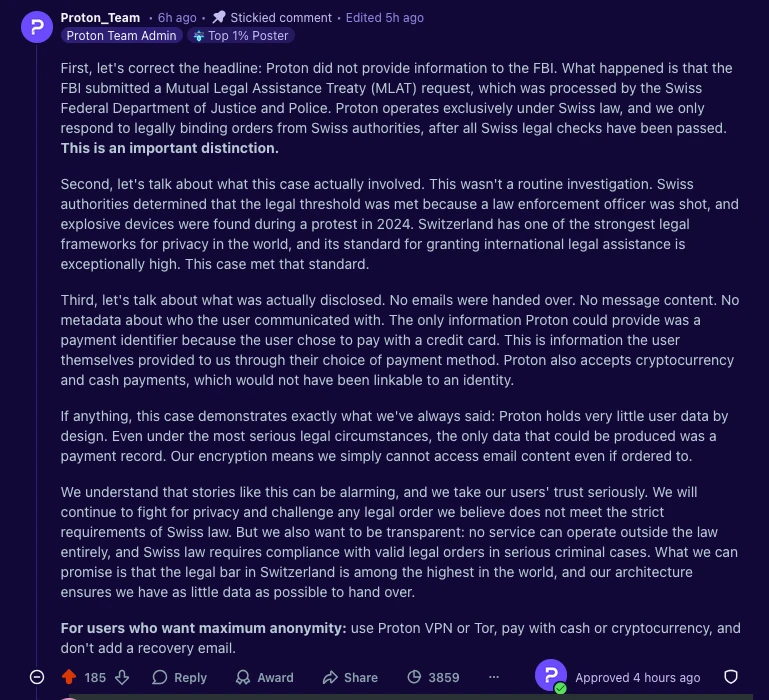 A statement from the Proton Team addresses concerns about legal processes related to user data and emphasizes their commitment to user privacy and security.