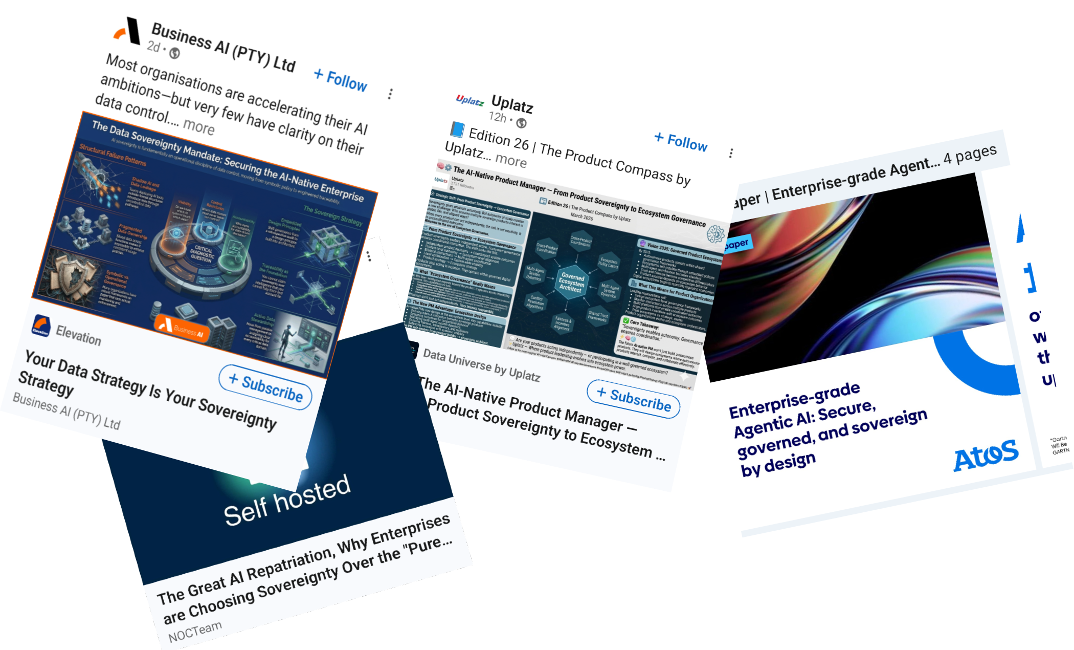 A collage of social media posts features various business-related images and captions discussing data strategy, AI technology, and enterprise solutions solved with magic sovereignty pixiedust.
