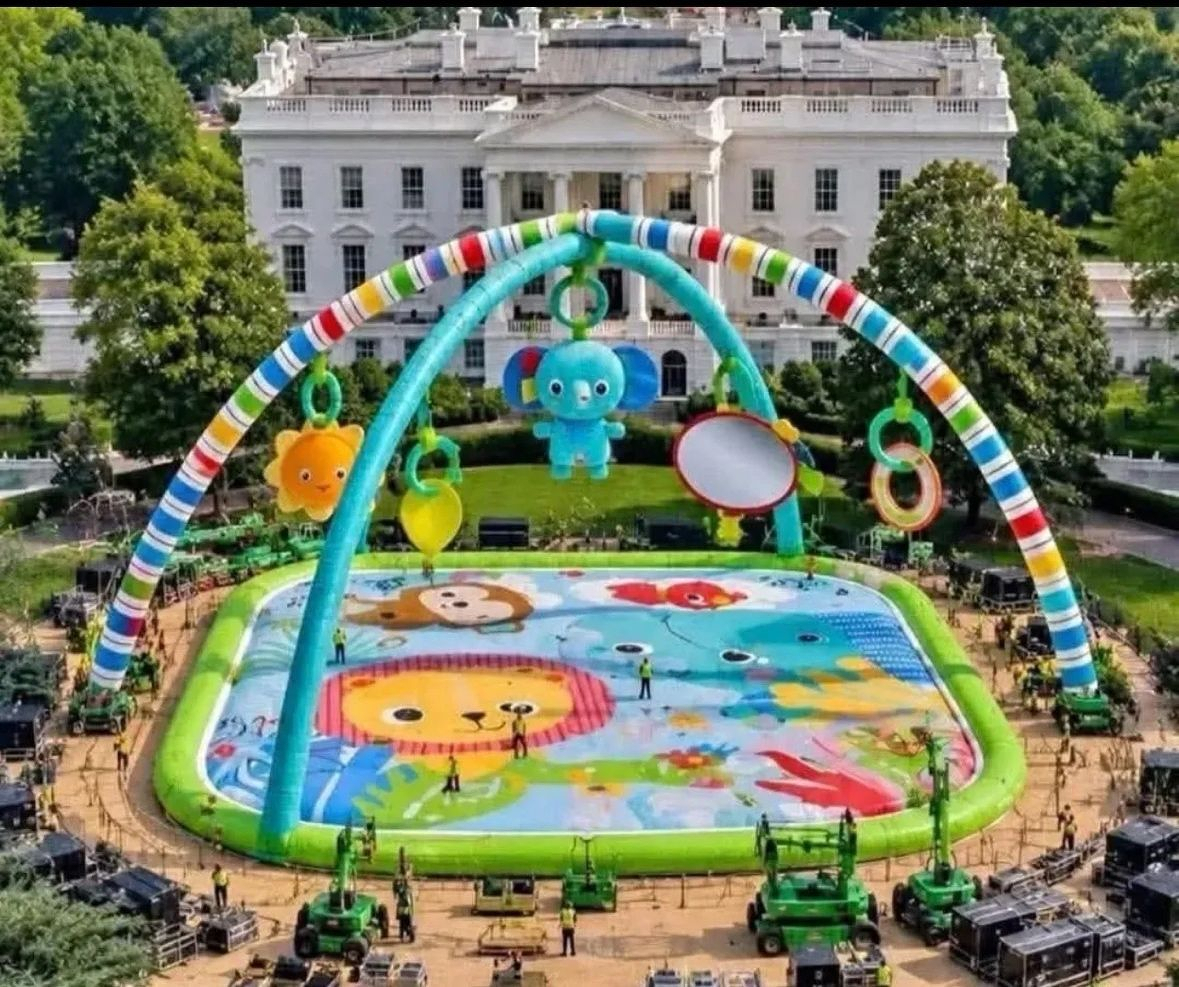 An oversized, colorful baby play mat and activity gym is set up on the South Lawn of The White House where Trump's hillbilly cage match monstrosity is in actual life.